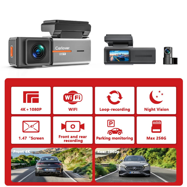 Dashcam Voiture 4K Double Objectif — WiFi, Vision Nocturne & G-Sensor